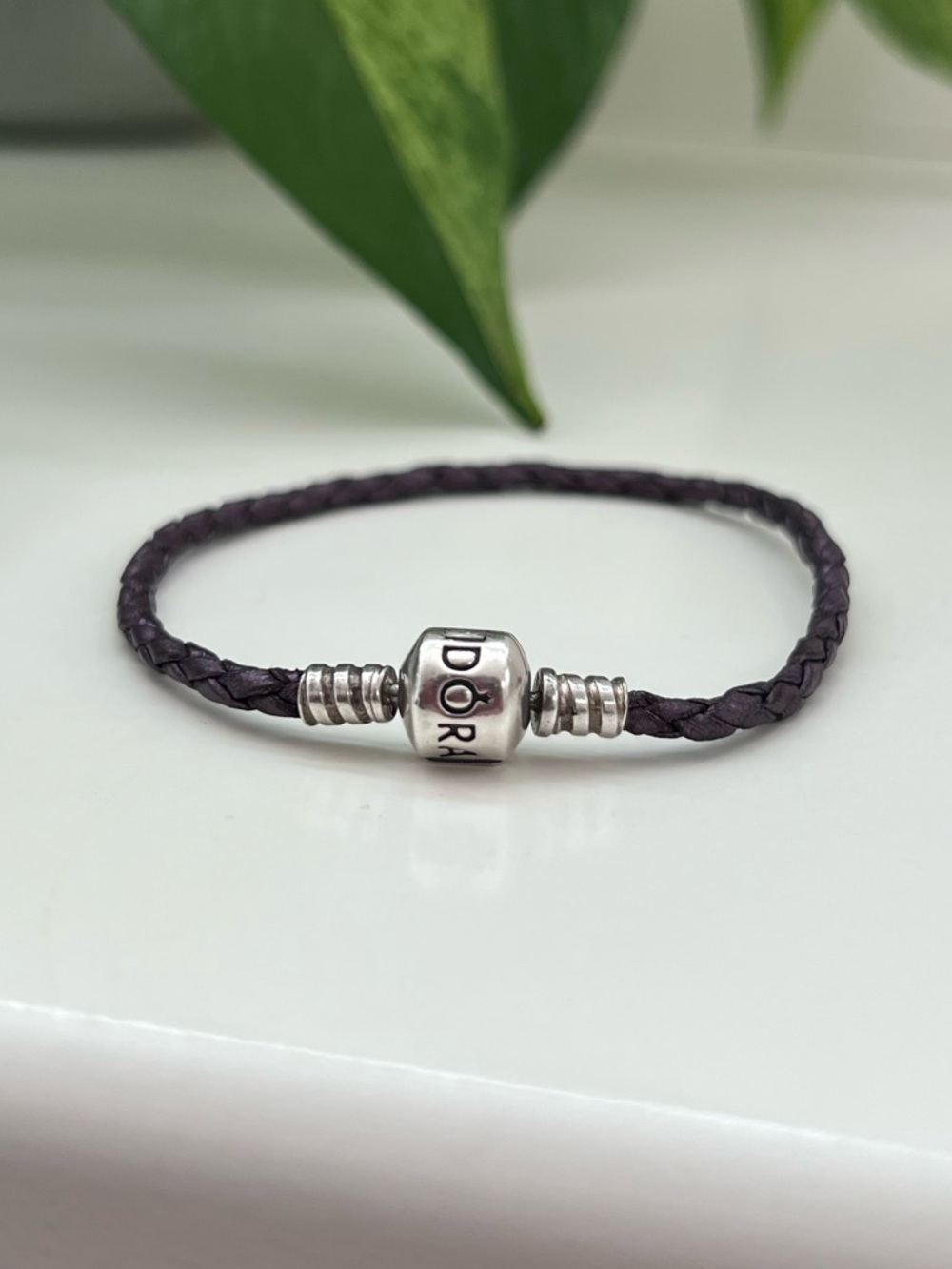 Pandora Purple Braided Leather Bracelet with Barrel Clasp, 7.6” Length